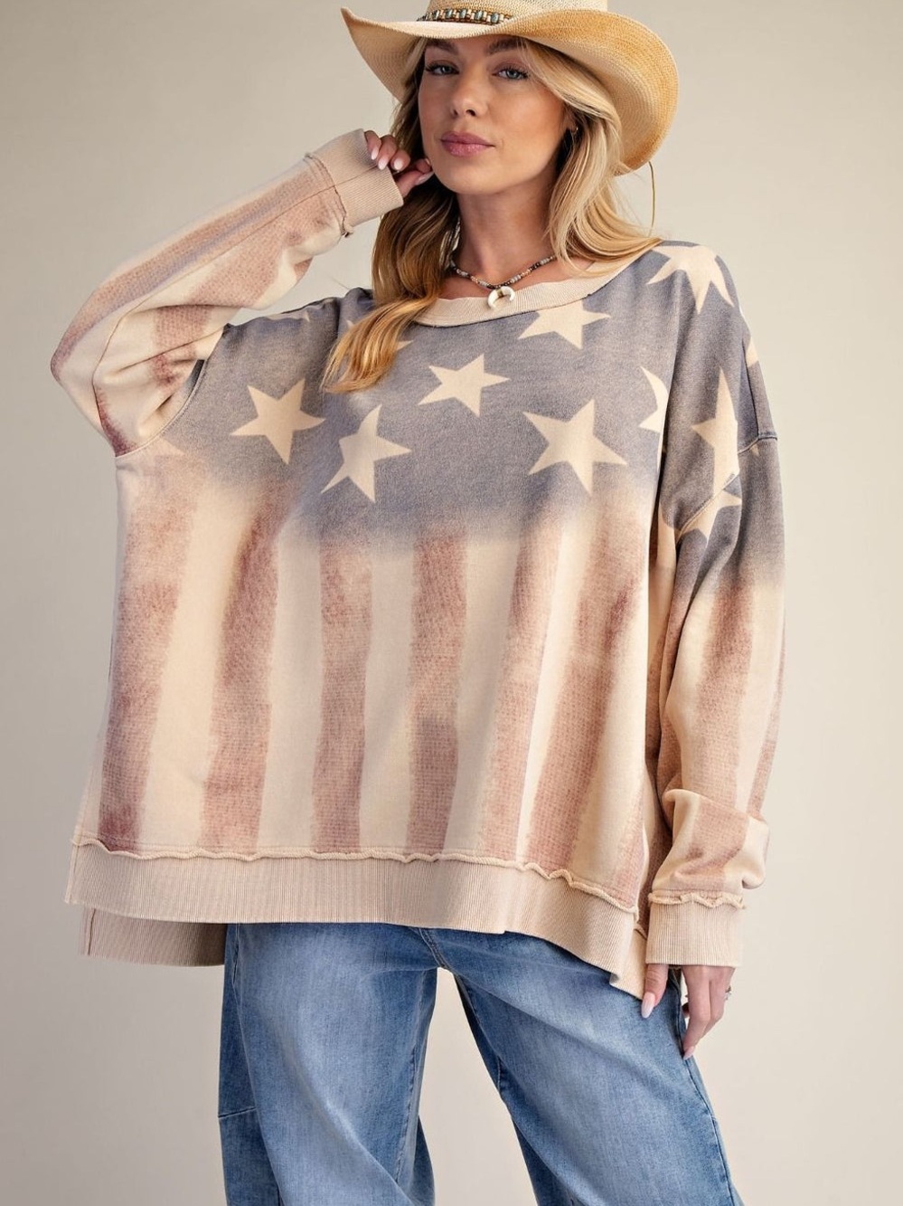 Easel American Flag Washed Terry Oversized  Pullover - Picture 4 of 5